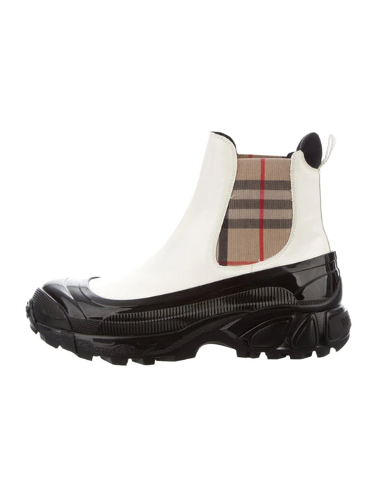 Burberry Nova Check Pattern Leather Chelsea Boots "Archive Beige/ White"