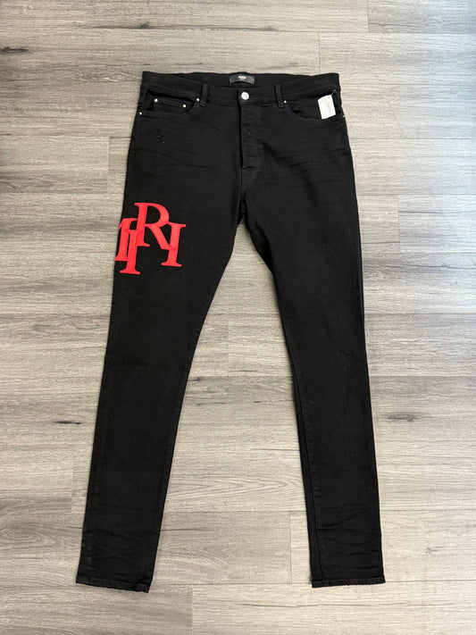 Amiri Pants Red Leather Logo Skinny Jeans
