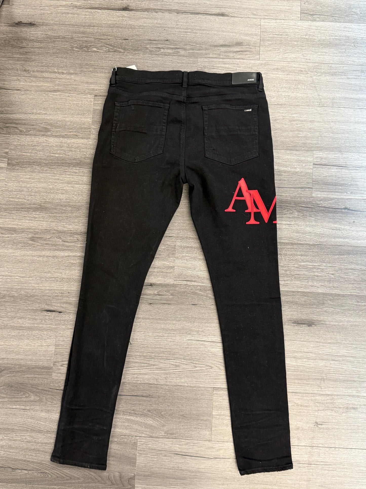 Amiri Pants Red Leather Logo Skinny Jeans