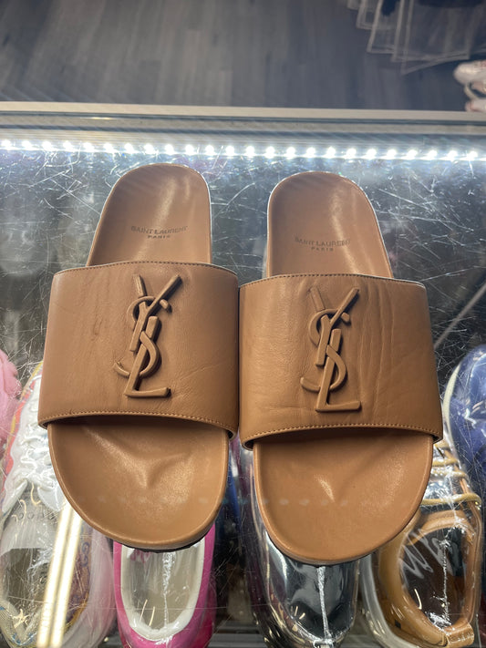 YSL Saint Laurent Joan Logo Slides Sandals Nude